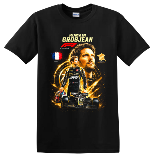 Romain Grosjean Haas F1 racing collage with number 8 car and French imagery on a Black T Shirt