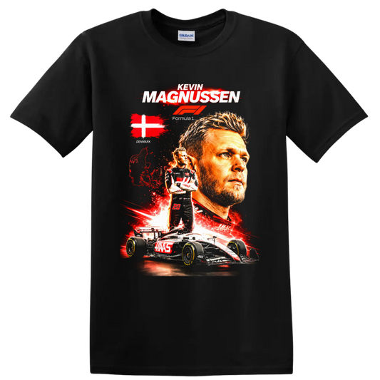 Kevin Magnussen Haas Formula 1 collage with Denmark flag, number 20, and race car on a Black T Shirt