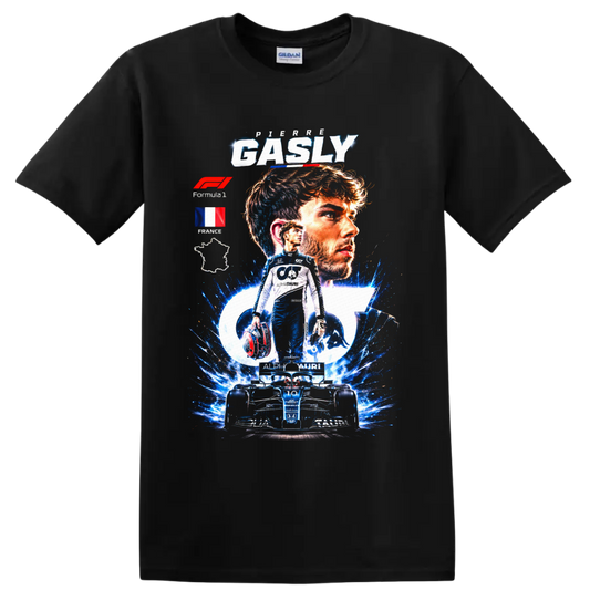 Pierre Gasly AlphaTauri Formula 1 portrait and race car graphic with French details on a Black T Shirt