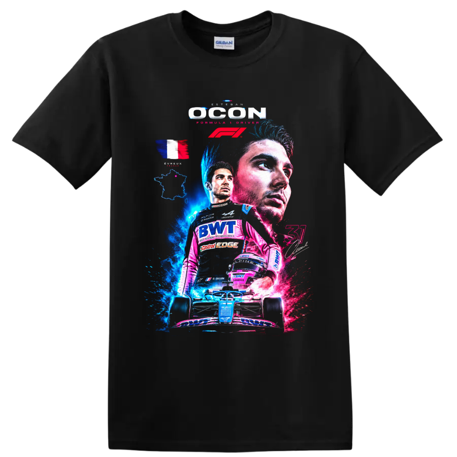 Esteban Ocon Alpine Formula 1 collage with French flag, helmet, and race car on a Black T Shirt