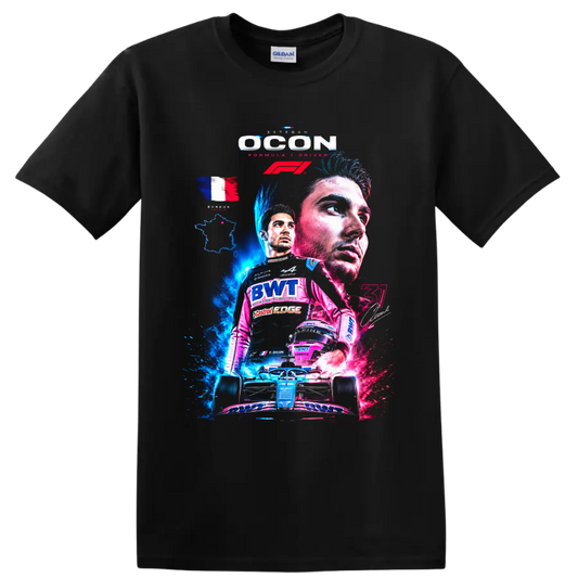 Esteban Ocon Alpine Formula 1 collage with French flag, helmet, and race car on a Black T Shirt