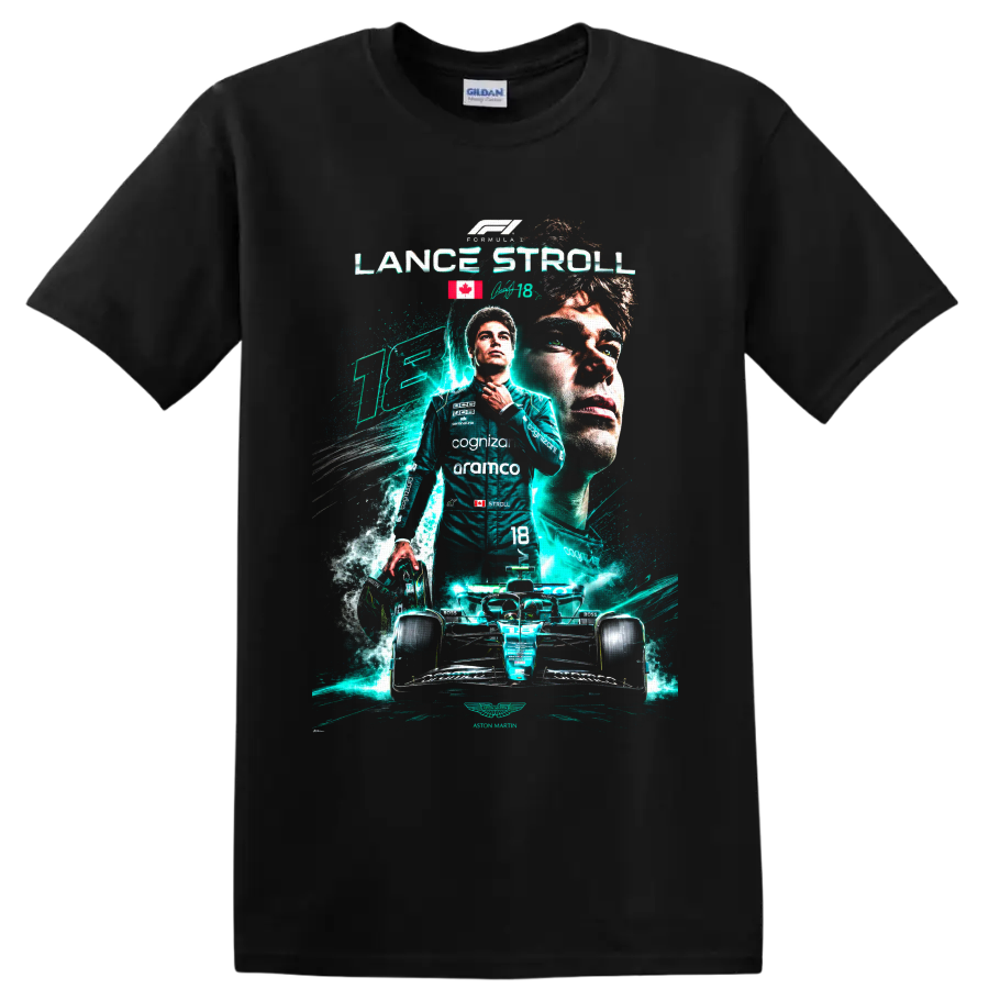 Lance Stroll Aston Martin Formula 1 driver collage with number 18 race car on a Black T Shirt