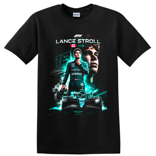 Lance Stroll Aston Martin Formula 1 driver collage with number 18 race car on a Black T Shirt
