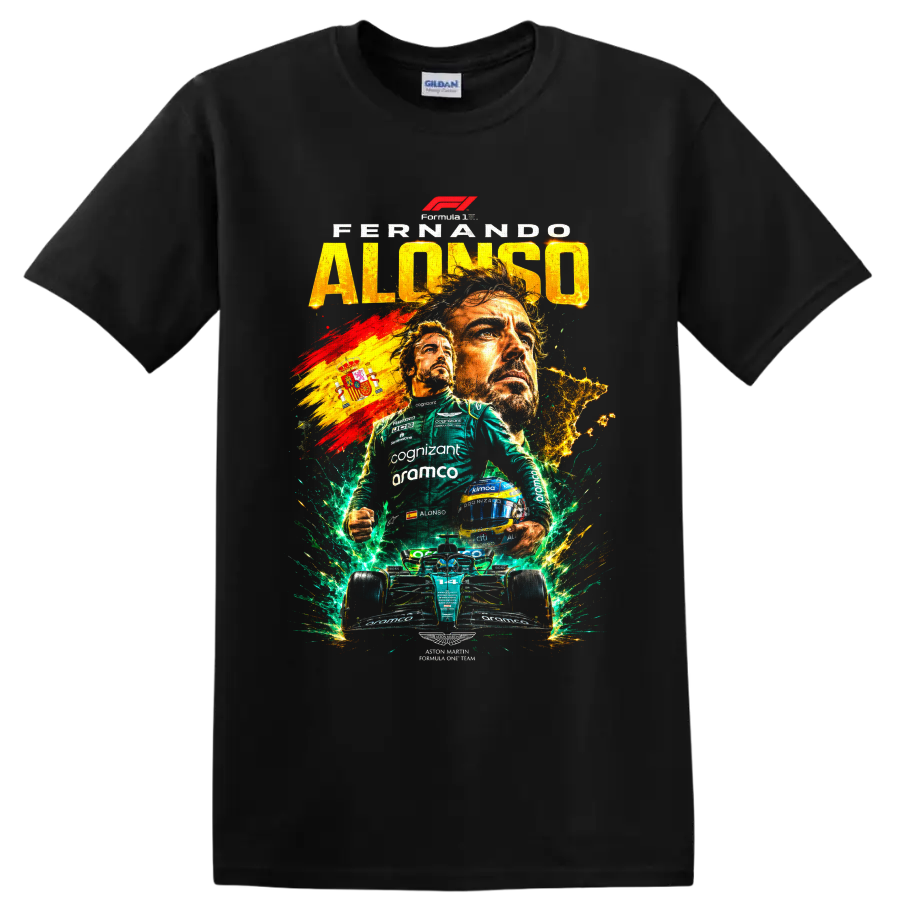 Fernando Alonso Aston Martin Formula 1 collage with number 14 car and Spanish flag on a Black T Shirt