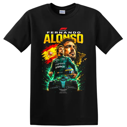 Fernando Alonso Aston Martin Formula 1 collage with number 14 car and Spanish flag on a Black T Shirt