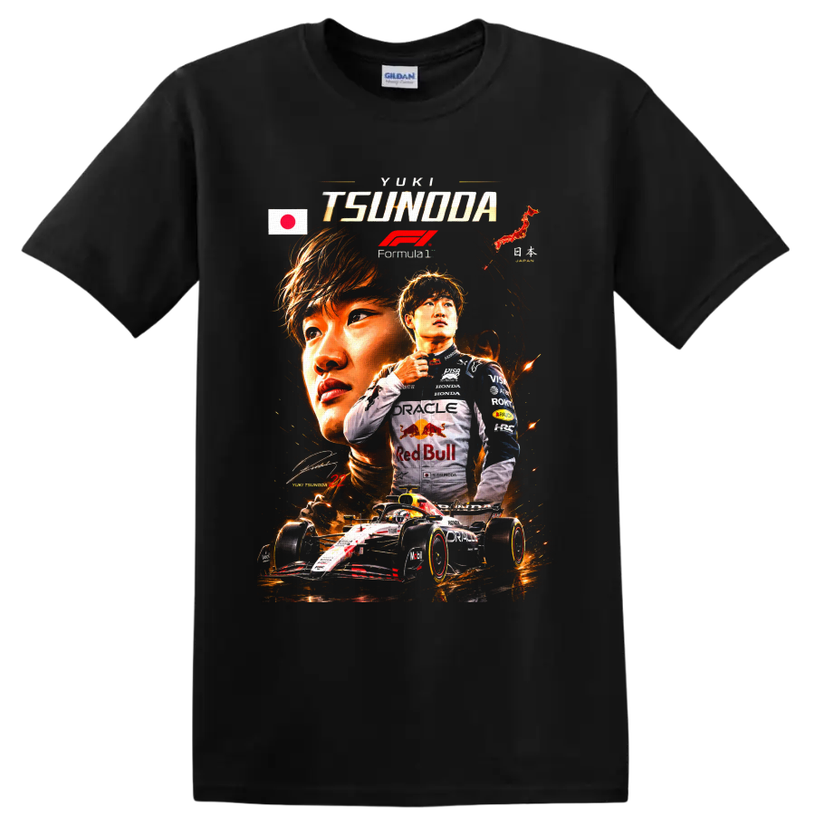 Yuki Tsunoda Formula 1 racing collage with Japanese flag, fiery portraits, and race car on a Black T Shirt