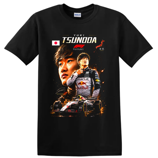 Yuki Tsunoda Formula 1 racing collage with Japanese flag, fiery portraits, and race car on a Black T Shirt