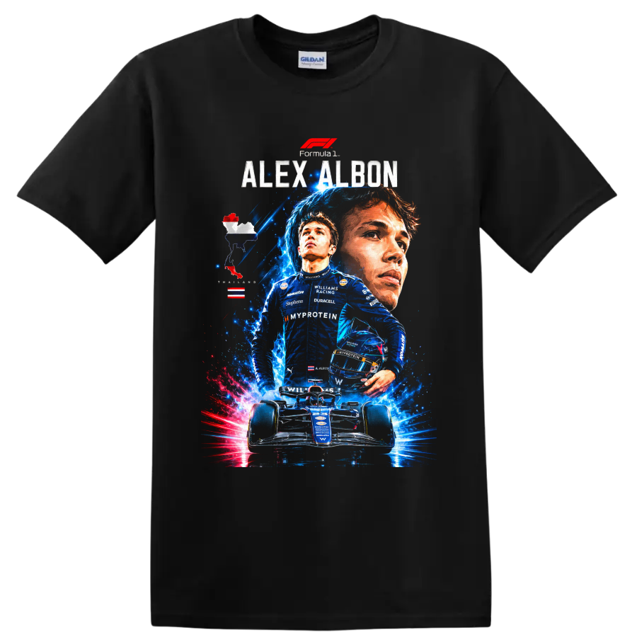 Alex Albon Williams Racing Formula 1 portrait, driver, helmet and race car graphic on a Black T Shirt