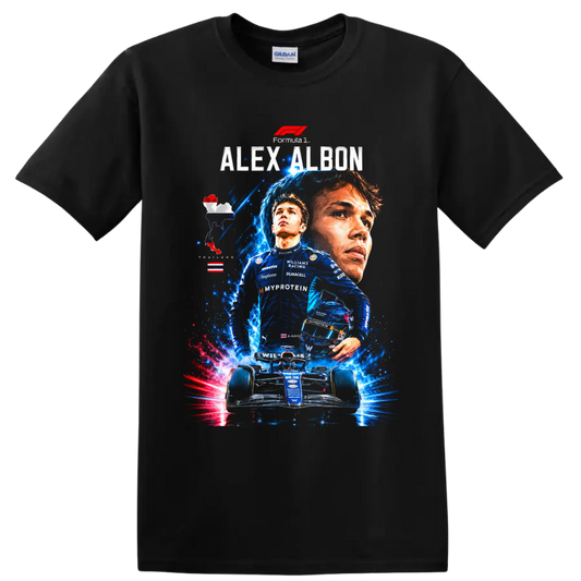 Alex Albon Williams Racing Formula 1 portrait, driver, helmet and race car graphic on a Black T Shirt