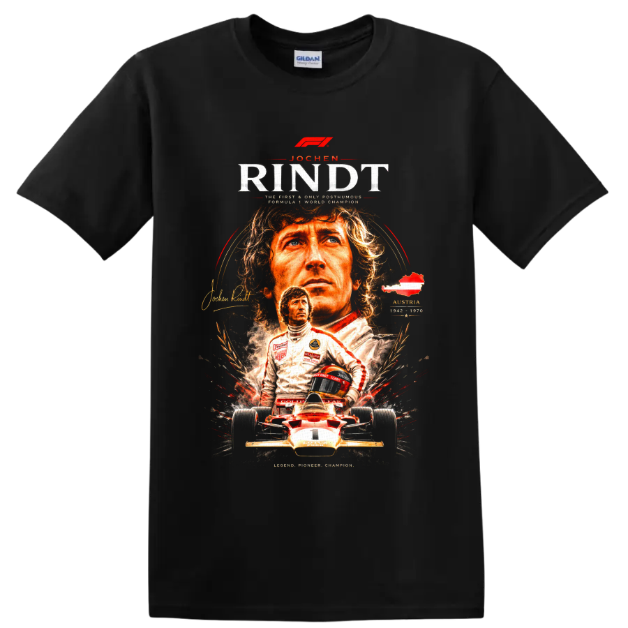Jochen Rindt Team Lotus vintage Formula 1 portrait and race car graphic print on a Black T Shirt