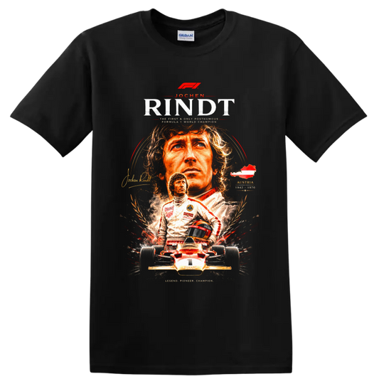 Jochen Rindt Team Lotus vintage Formula 1 portrait and race car graphic print on a Black T Shirt