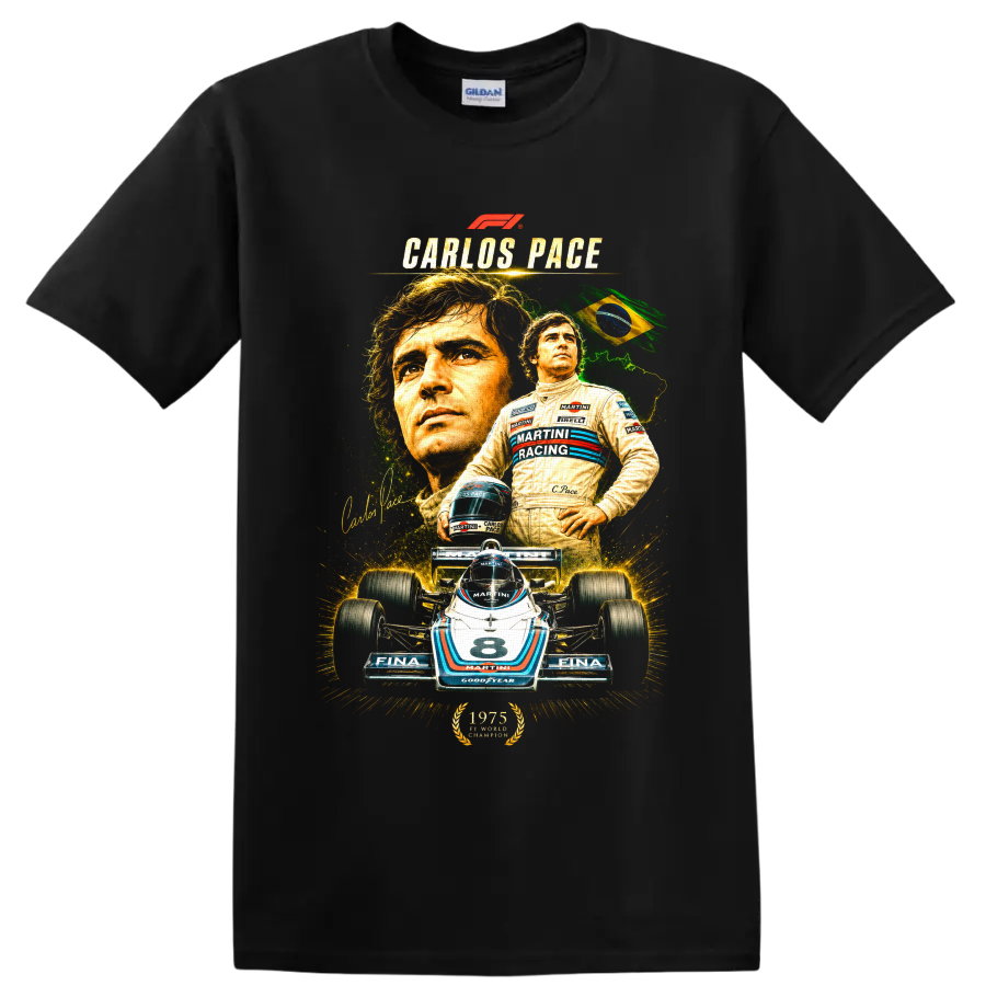 Carlos Pace portrait and Brabham Martini number 8 Formula 1 car collage on a Black T Shirt