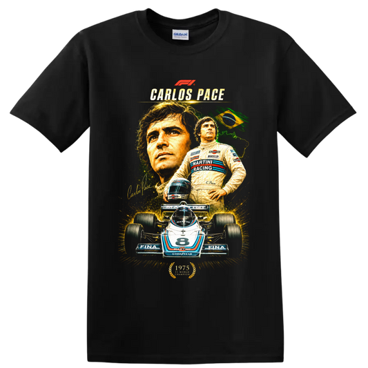 Carlos Pace portrait and Brabham Martini number 8 Formula 1 car collage on a Black T Shirt