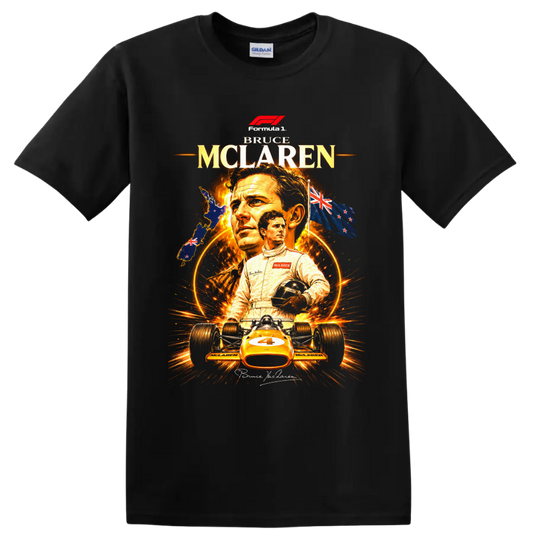Bruce McLaren portrait with vintage open-wheel race car, New Zealand flags, and Formula 1 on a Black T Shirt
