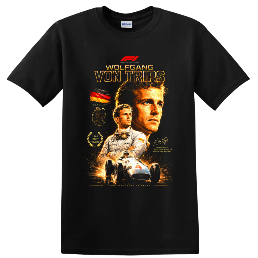Wolfgang von Trips vintage racing portraits with German flag and open-wheel race car on a Black T Shirt