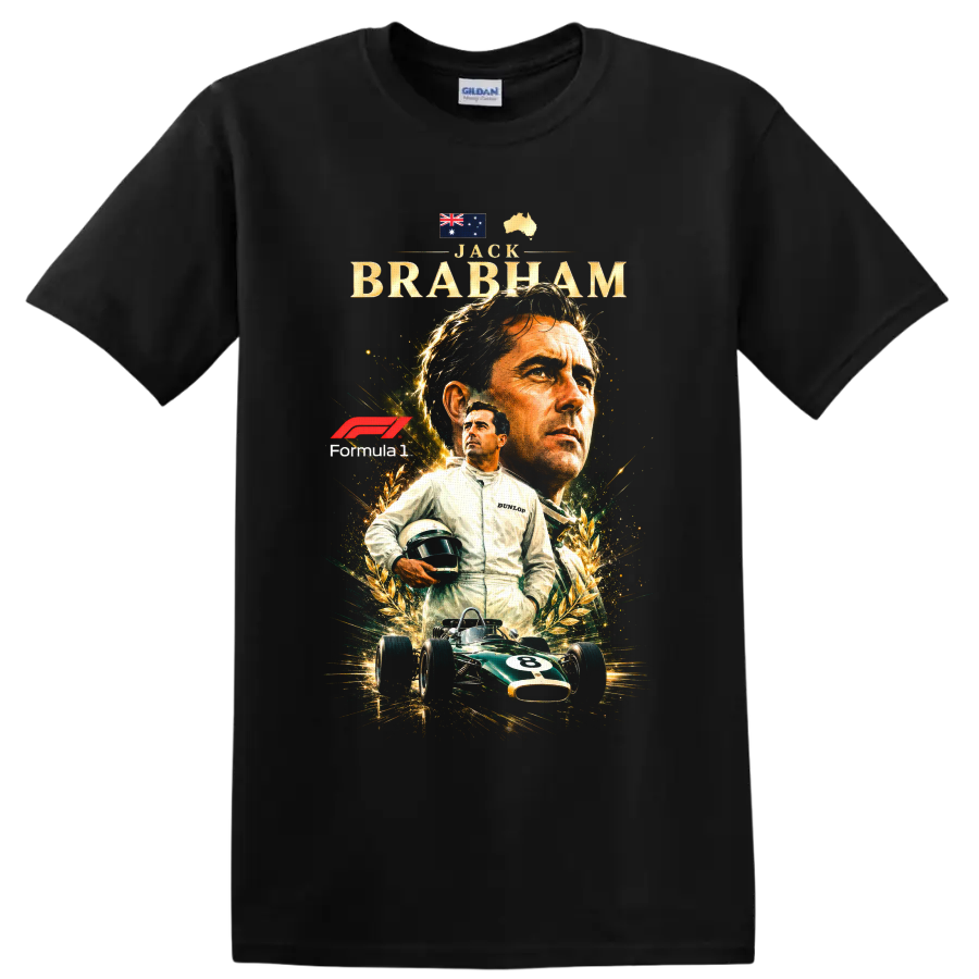 Jack Brabham Formula 1 tribute with Australian symbols, laurel art and vintage race car on a Black T Shirt