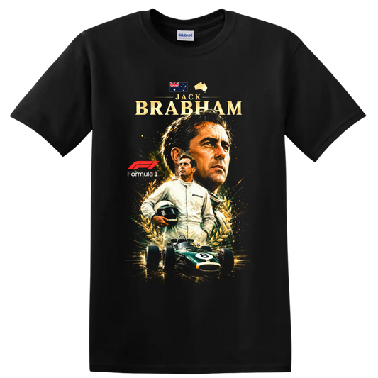 Jack Brabham Formula 1 tribute with Australian symbols, laurel art and vintage race car on a Black T Shirt