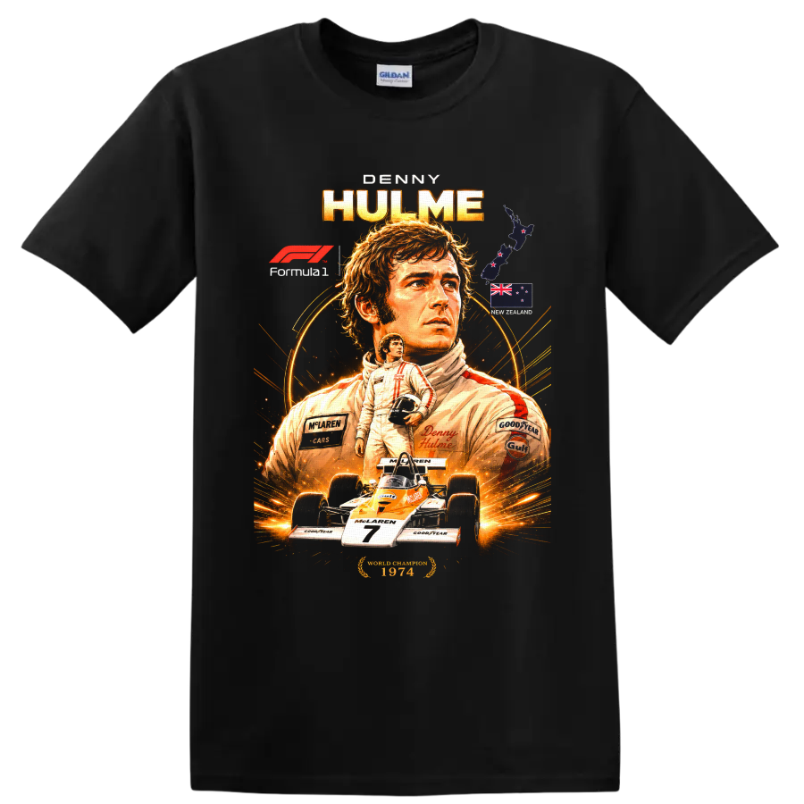 Denny Hulme Formula 1 portrait with McLaren race car and New Zealand flag artwork on a Black T Shirt