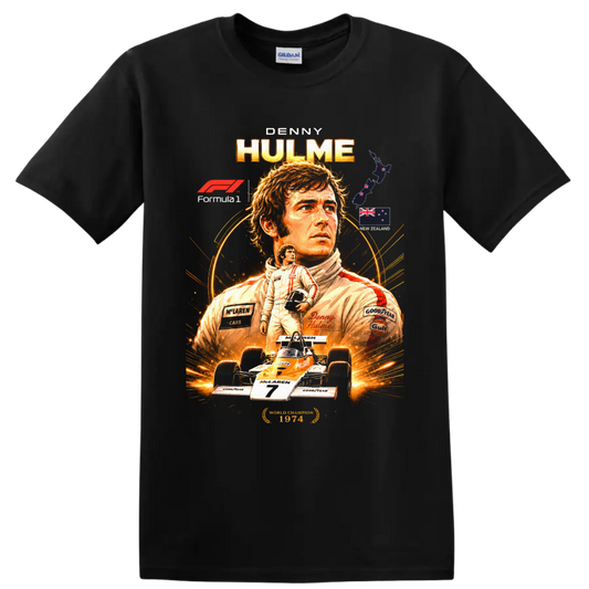 Denny Hulme Formula 1 portrait with McLaren race car and New Zealand flag artwork on a Black T Shirt