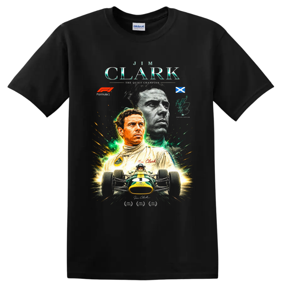 Jim Clark Lotus Formula 1 tribute with Scottish flag, portraits, and vintage race car on a Black T Shirt