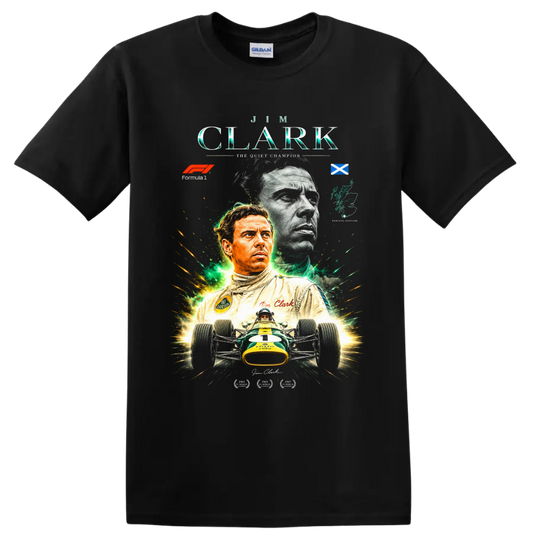 Jim Clark Lotus Formula 1 tribute with Scottish flag, portraits, and vintage race car on a Black T Shirt