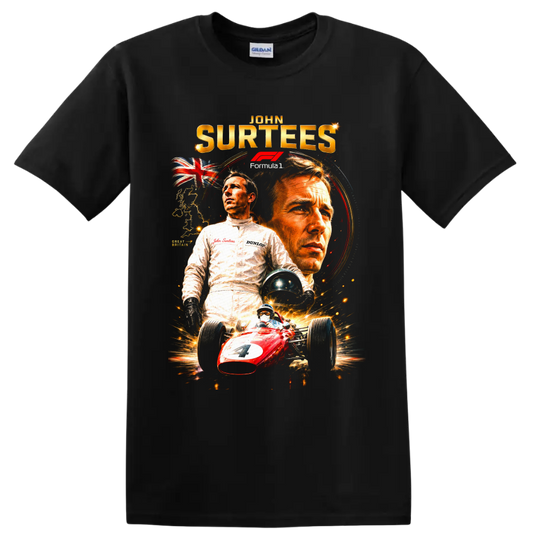 John Surtees Formula 1 collage with portraits, Union Jack, helmet, and red number 7 car on a Black T Shirt