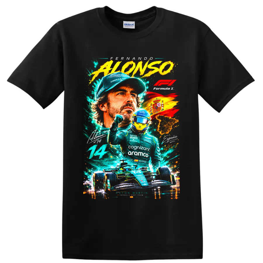 Fernando Alonso Formula 1 racing collage with Aston Martin car, helmet, number 14 and on a Black T Shirt