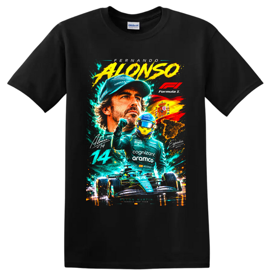 Fernando Alonso Formula 1 racing collage with Aston Martin car, helmet, number 14 and on a Black T Shirt