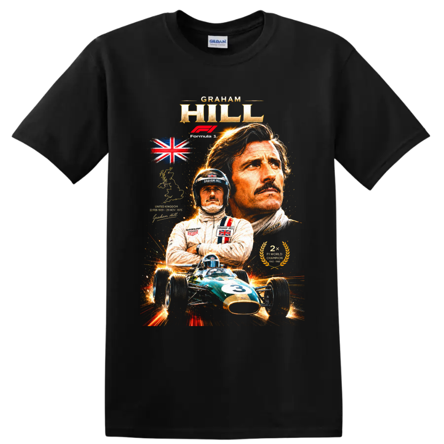 Graham Hill portrait and vintage number 3 Formula 1 car British racing tribute on a Black T Shirt