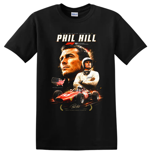 Phil Hill portraits and 1961 Ferrari race car American Champion graphic on a Black T Shirt