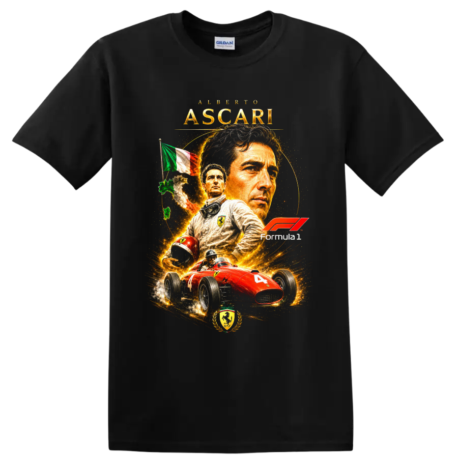 Alberto Ascari Ferrari Formula 1 portrait with red number 4 vintage race car on a Black T Shirt