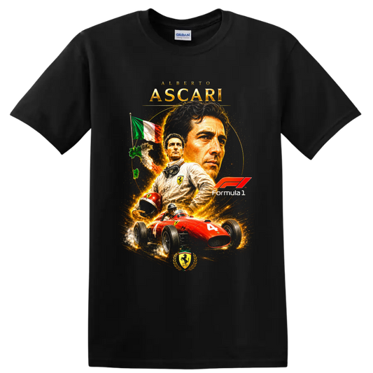 Alberto Ascari Ferrari Formula 1 portrait with red number 4 vintage race car on a Black T Shirt