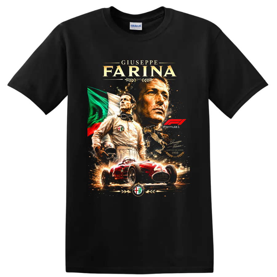 Giuseppe Farina vintage Formula 1 portrait with Alfa Romeo race car and Italian flag on a Black T Shirt