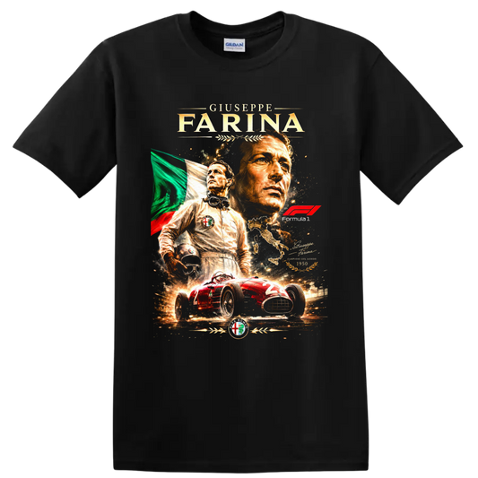 Giuseppe Farina vintage Formula 1 portrait with Alfa Romeo race car and Italian flag on a Black T Shirt
