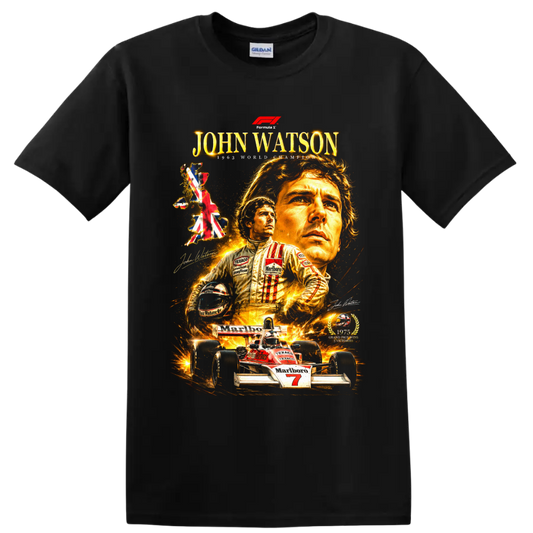 John Watson McLaren Formula 1 portrait collage with British map and number 7 race car on a Black T Shirt
