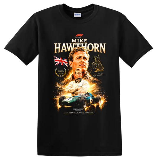 Mike Hawthorn vintage Formula 1 collage with 1958 champion text and green race car on a Black T Shirt