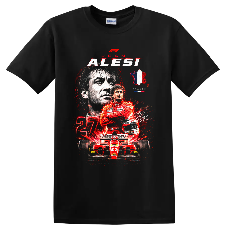 Jean Alesi Ferrari Formula 1 portrait, red number 27 car, and France graphic on a Black T Shirt