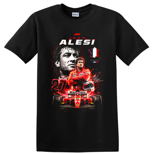 Jean Alesi Ferrari Formula 1 portrait, red number 27 car, and France graphic on a Black T Shirt
