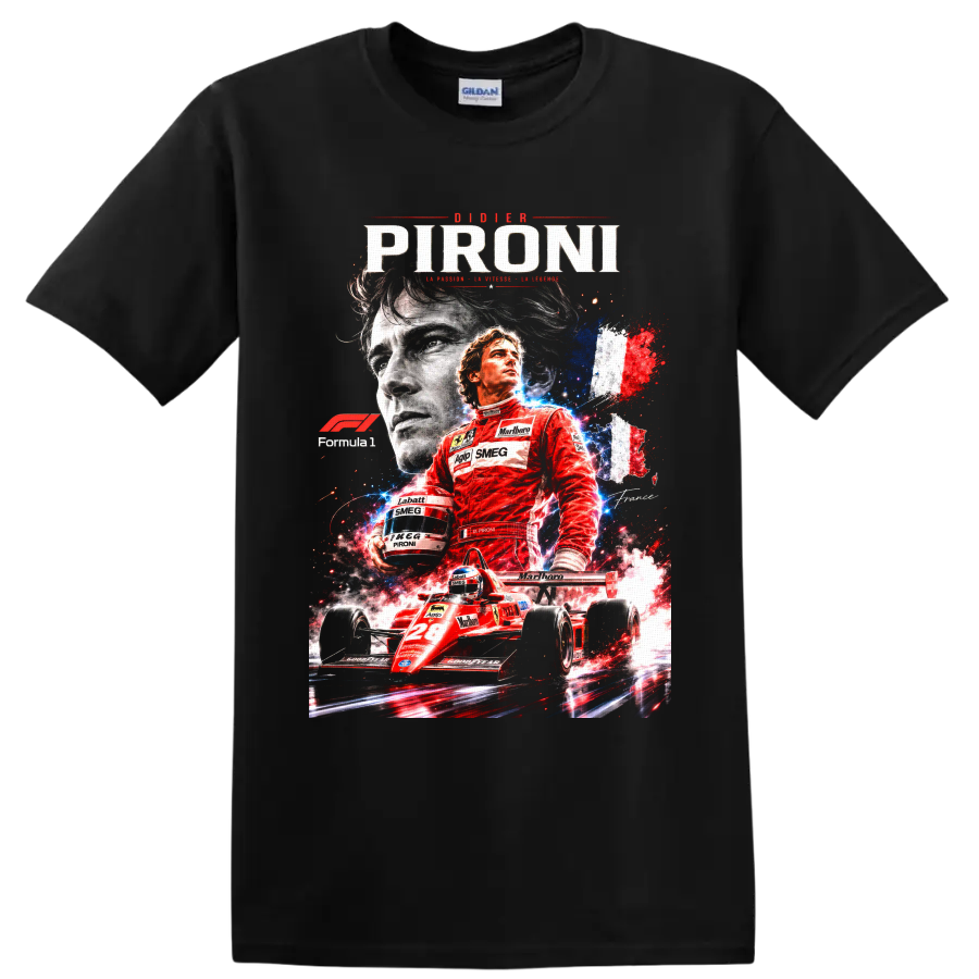 Didier Pironi Ferrari No. 28 Formula 1 collage with French tricolor racing art on a Black T Shirt