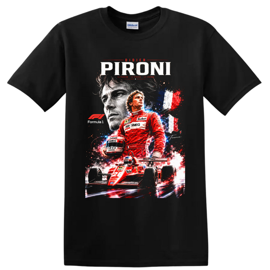Didier Pironi Ferrari No. 28 Formula 1 collage with French tricolor racing art on a Black T Shirt