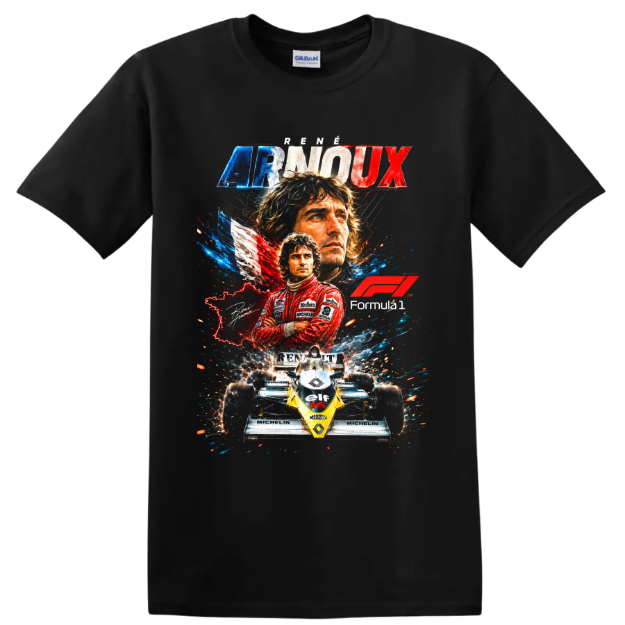 René Arnoux Renault Formula 1 retro collage with driver portraits and No. 16 race car on a Black T Shirt