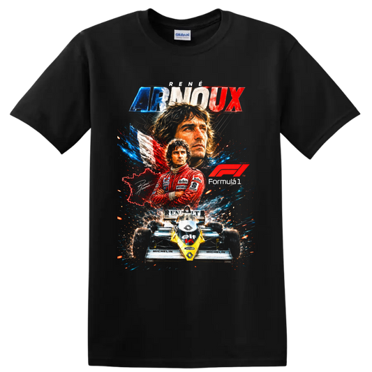 René Arnoux Renault Formula 1 retro collage with driver portraits and No. 16 race car on a Black T Shirt