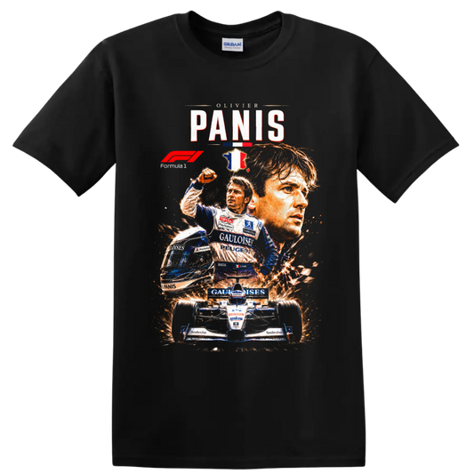 Olivier Panis Ligier Formula 1 portrait collage with French racing car and sparks on a Black T Shirt
