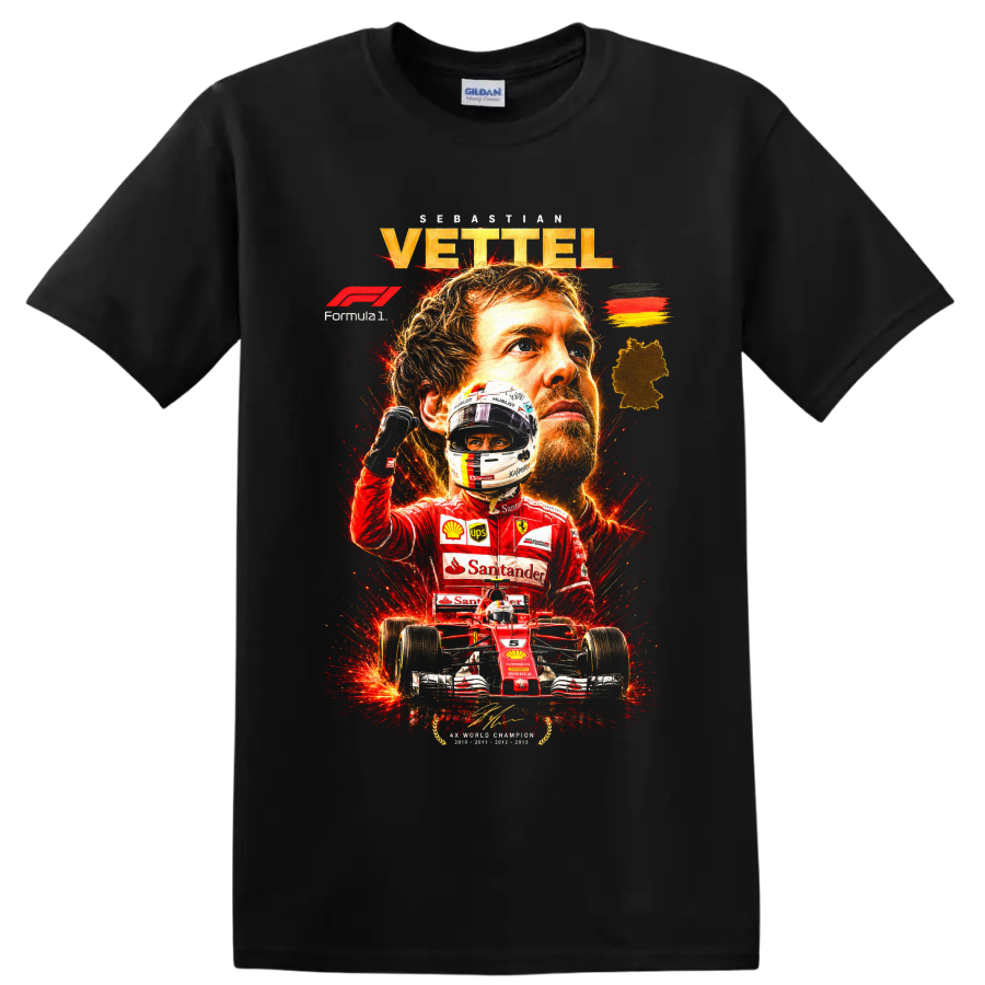 Sebastian Vettel Ferrari Formula 1 portrait, helmet, and red race car graphic on a Black T Shirt