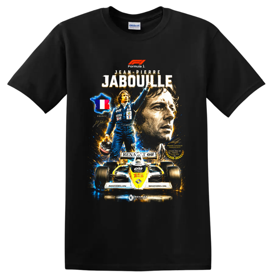 Jean-Pierre Jabouille Renault Formula 1 vintage racing collage with No. 15 car on a Black T Shirt