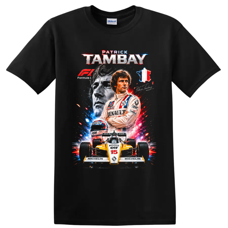 Patrick Tambay Renault Formula 1 portrait, helmet, and number 15 race car graphic on a Black T Shirt