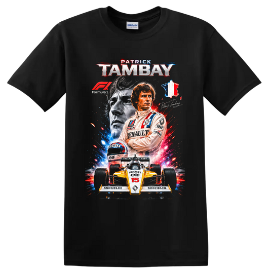 Patrick Tambay Renault Formula 1 portrait, helmet, and number 15 race car graphic on a Black T Shirt