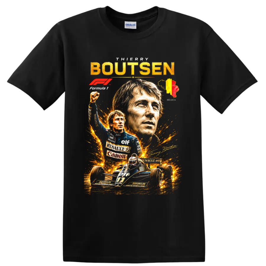 Thierry Boutsen Formula 1 portrait collage with Renault number 11 car and Belgian map on a Black T Shirt