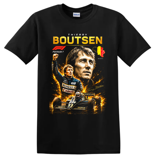 Thierry Boutsen Formula 1 portrait collage with Renault number 11 car and Belgian map on a Black T Shirt
