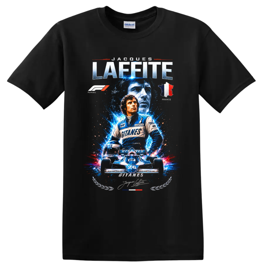 Jacques Laffite Ligier Formula 1 racing art with number 26 car and French tricolor on a Black T Shirt